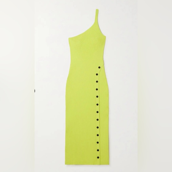 Self Portrait One - Shoulder Ribbed Knit Midi Dress Lime US 4 - Picture 2 of 6
